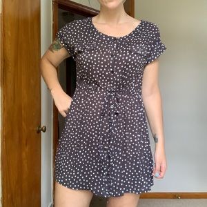 Brown polka dot dress with cinch waist